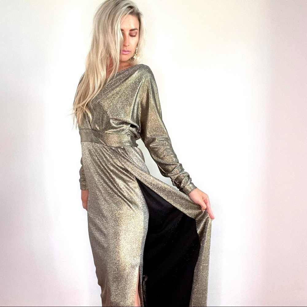 Teri Jon $570 Gold Shimmer Long Sleeve Gown w/Slit - Picture 5 of 16